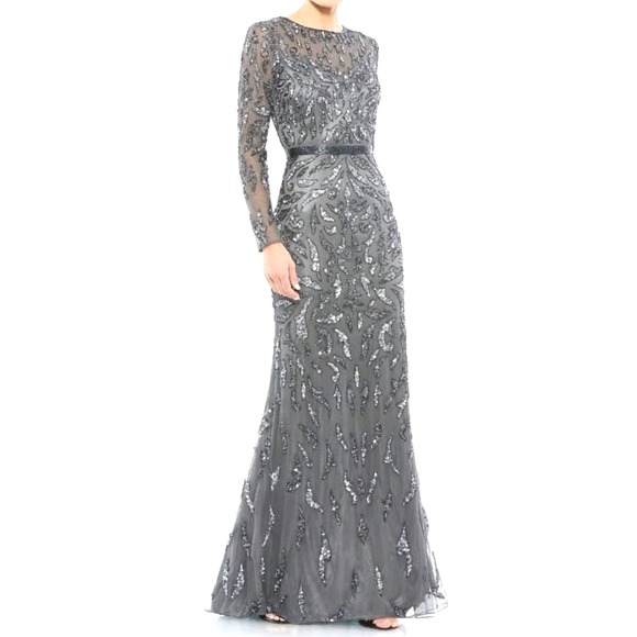 NWT Mac Duggal 5124 Beaded Long Sleeve Evening Gown Formal Dress Gray Size 10 - Picture 1 of 16